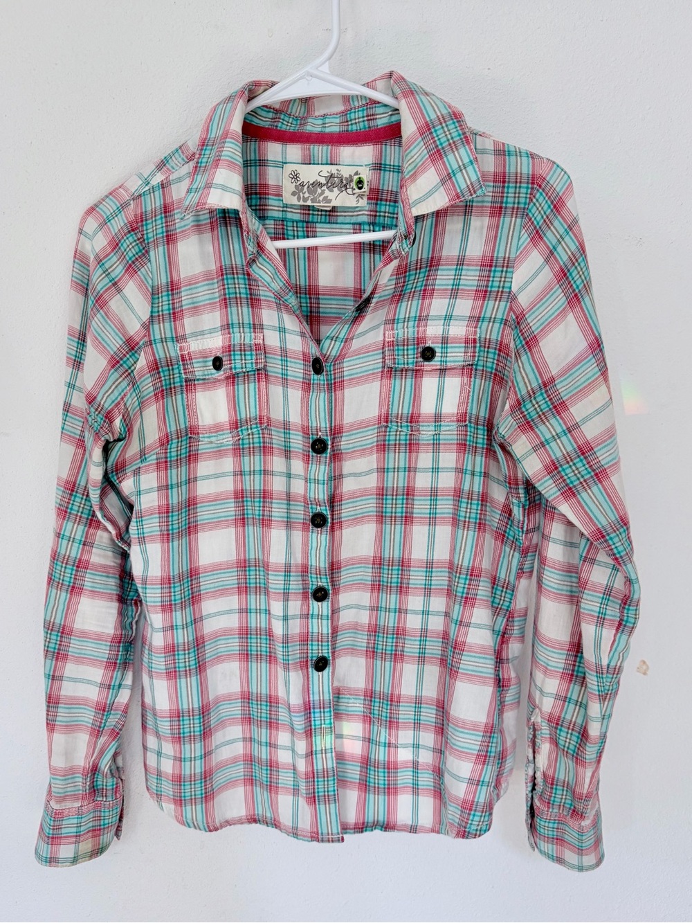 Aventura Turquoise and Red Plaid 100% Organic Fair Trade Cotton Button Down